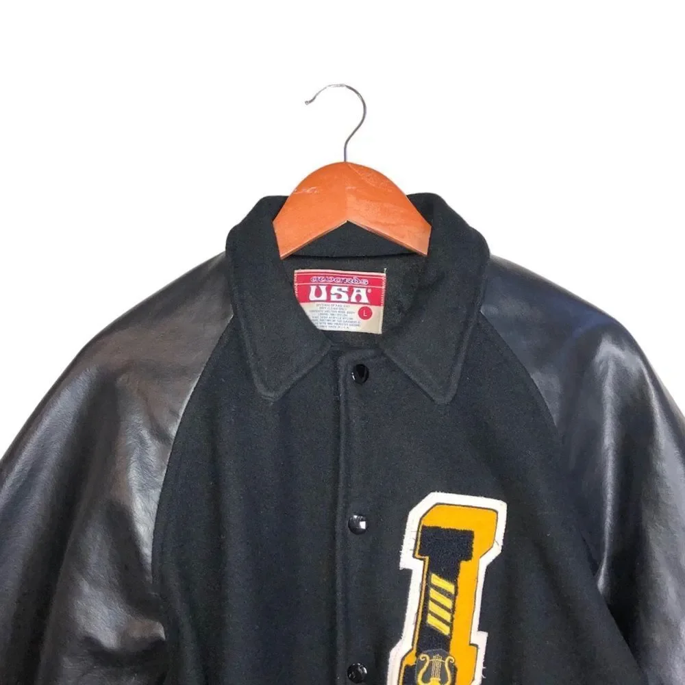 Vintage 90's Y2K Black Wool & Faux Leather Varsity Letterman Bomber Jacket